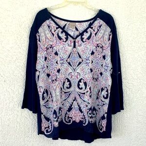 Chico's Linen Navy  and Multicolor Paisley Blouse size 4/XXL